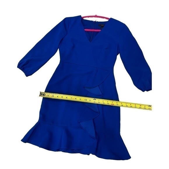 J. Crew Drapey Ruffle Front Dress, Long Sleeves, Faux Wrap, Ocean Blue size 0P - Picture 13 of 14